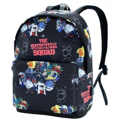 Mochila preta com estampas coloridas do filme THE SUICIDE SQUAD