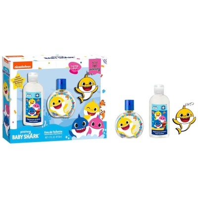 Conjunto de higiene Baby Shark com frascos e chaveiro em caixa colorida