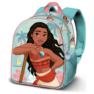 Mochila com estampa da personagem Moana e alças azuis e rosa