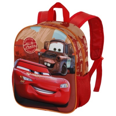 Mochila infantil vermelha com personagens do filme Cars e texto 'ALL Star Radiator Springs'