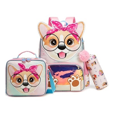 Conjunto mochila, lancheira e estojo com design de cão e laço rosa