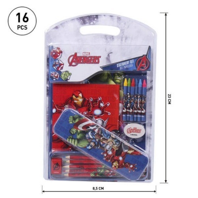 Conjunto de material escolar dos Vingadores com 16 peças e estojo azul com personagens