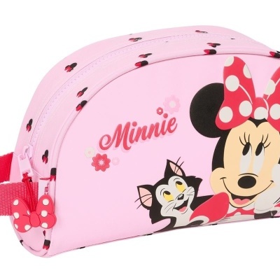 Estojo escolar cor-de-rosa com Minnie Mouse e gato, texto 'Minnie' e padrão de cerejas