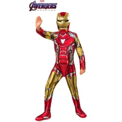 Fato Iron Man infantil vermelho e dourado com capacete, logotipo Avengers Endgame