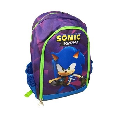 Mochila roxa com personagem Sonic azul e texto SONIC PRIME