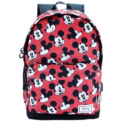 Mochila vermelha com rosto de Mickey Mouse em padrão repetido