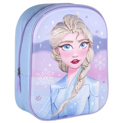 Mochila infantil lilás e azul com imagem da Elsa e flocos de neve