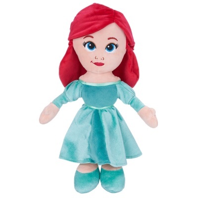Boneca de peluche com vestido azul e cabelo vermelho