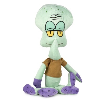 Pelúcia do personagem Lula Molusco verde claro com t-shirt castanha e mãos e pés roxos.