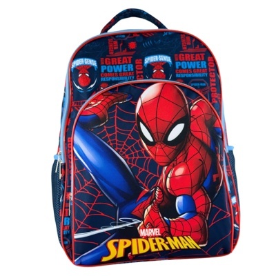 Mochila infantil azul e vermelha com desenho do Spider-Man e texto