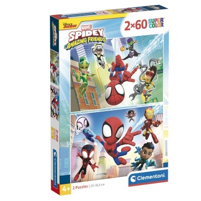 Embalagem de dois puzzles Marvel Spidey Amazing Friends 2x60 peças pela Clementoni