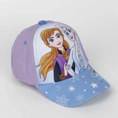 Boné infantil lilás e azul com personagens Anna e Elsa do Frozen e flocos de neve