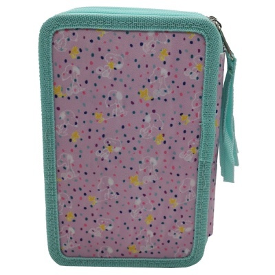 Estojo retangular rosa com rebordo azul turquesa e padrão de unicórnios e pontos coloridos