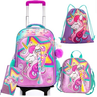 Conjunto de mochila e acessórios com tema de unicórnio colorido