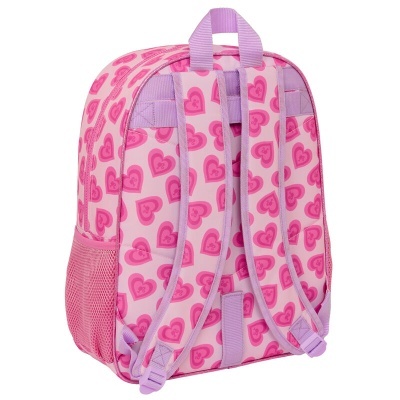 Mochila rosa com corações cor-de-rosa e alças lilás