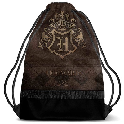 Mochila de cordão castanha escura e preta com brasão 'H' dourado e texto 'HOGWARTS'