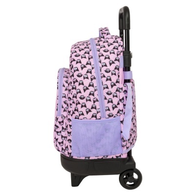 Mala de rodas escolar rosa com padrão de gatos e detalhes lilás