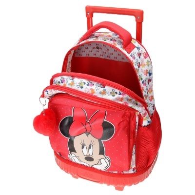 Mochila de rodinhas vermelha com temática da Minnie e padrão de bolinhas coloridas