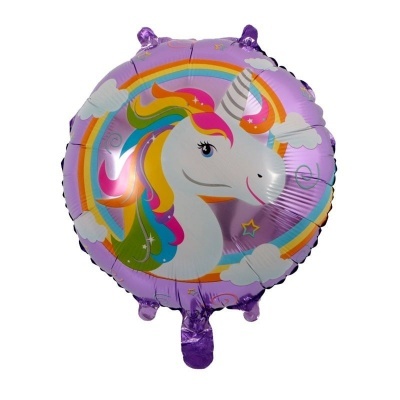 Balão redondo lilás com unicórnio colorido e nuvens