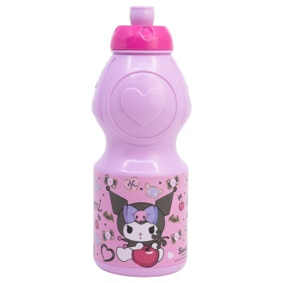 Garrafa desportiva de plástico cor-de-rosa com tampa rosa e personagem de desenho animado com orelhas de gato.