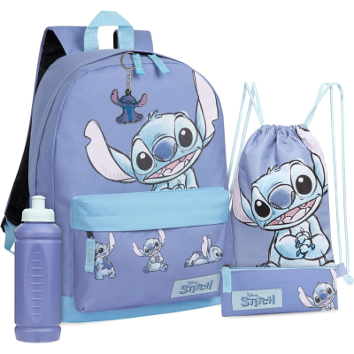 Conjunto escolar azul claro com mochila, saco com cordão, estojo estampados com Stitch e garrafa lilás