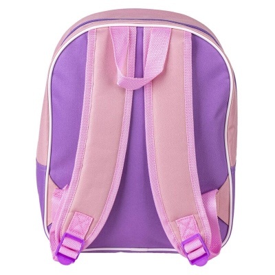 Mochila pequena roxa e rosa vista de trás