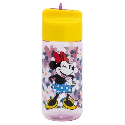 Garrafa infantil transparente com tampa amarela e desenho da Minnie Mouse.