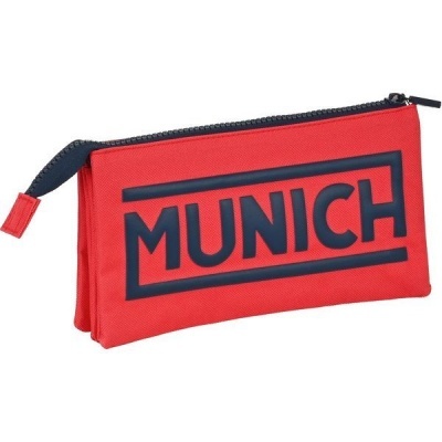 Estojo escolar vermelho com fecho de correr e palavra MUNICH em relevo preto