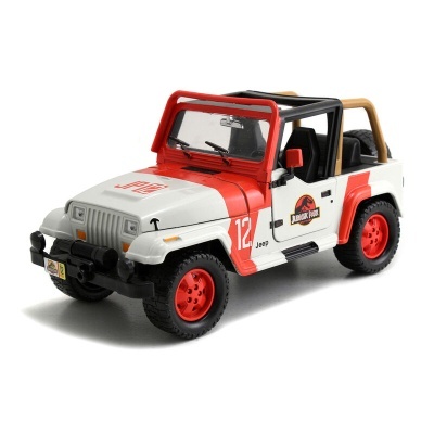 Miniatura de jipe Jeep branco e vermelho com logo Jurassic Park