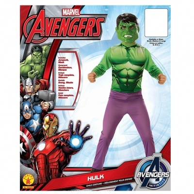 Fato de criança Hulk Marvel Avengers com máscara e calças roxas na embalagem