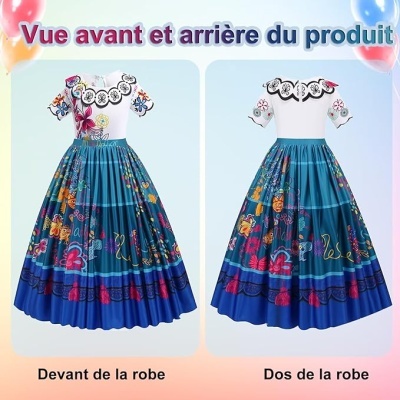 Vestido azul e branco com bordados florais mostrado de frente e de costas