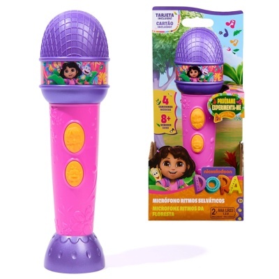Microfone infantil rosa e roxo com decoração de Dora e embalagem colorida