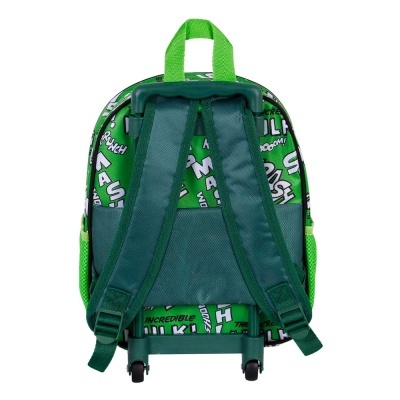 Mochila de rodas verde com padrão gráfico e alças ajustáveis