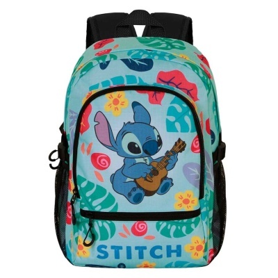 Mochila infantil azul com estampado colorido e personagem Stitch tocando guitarra.