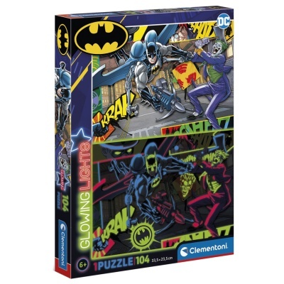 Caixa de puzzle Batman 104 peças, cores vibrantes, personagens Batman e Joker em combate.