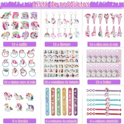Lista de produtos com itens de unicórnio como anéis, chaveiros, presilhas, tatuagens, bolsas, broches e pulseiras coloridas