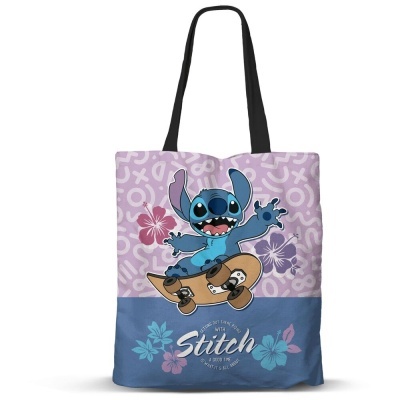 Saco de tecido com personagem Stitch em skate e padrões florais