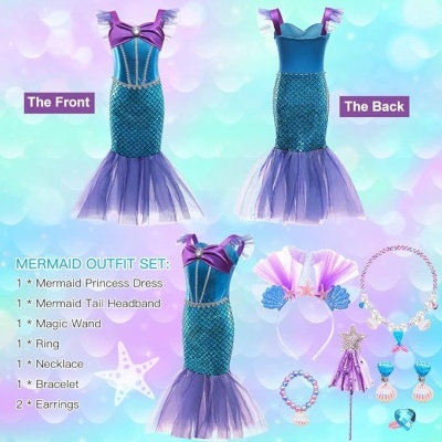 Fantasia de sereia com vestido azul e roxo, acessórios completos e fundo azul claro com bolhas