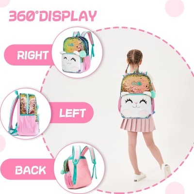 Mochila infantil colorida com paetês e rosto sorridente vista de vários ângulos.
