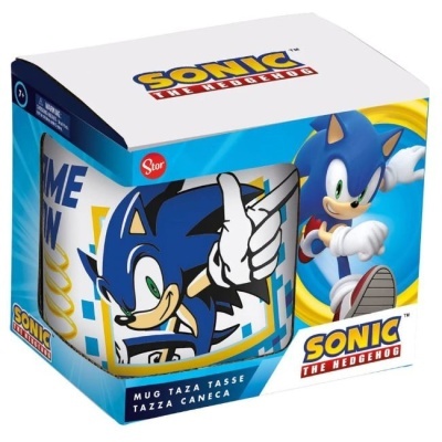 Caneca Sonic the Hedgehog em embalagem colorida.