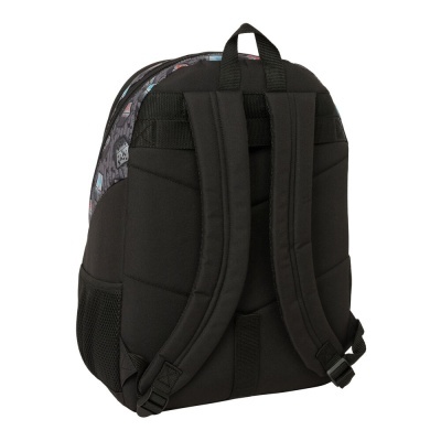 Mochila preta com alças almofadadas e detalhes gráficos coloridos