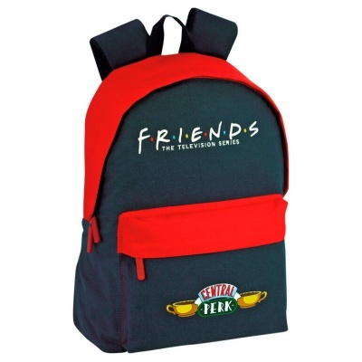 mochila preta e vermelha com texto FRIENDS e logótipo CENTRAL PERK