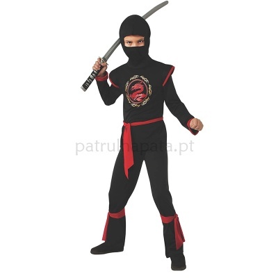 Fato de ninja infantil preto com detalhes vermelhos e estampa de dragão vermelho