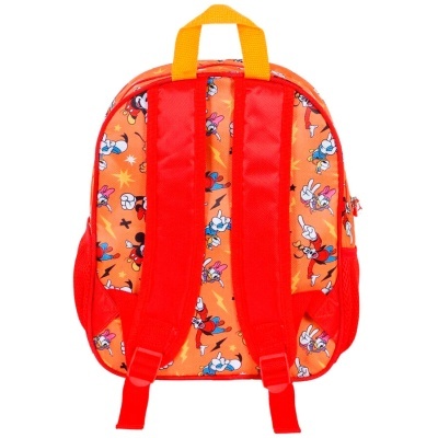 Mochila infantil laranja com estampa colorida e alças vermelhas