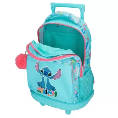 Mochila azul turquesa com desenho do Stitch e padrão floral colorido