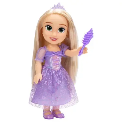 Boneca princesa de vestido lilás com pente na mão e cabelo loiro.