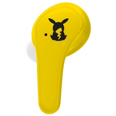 Auricular amarelo sem fios com desenho preto de coelho