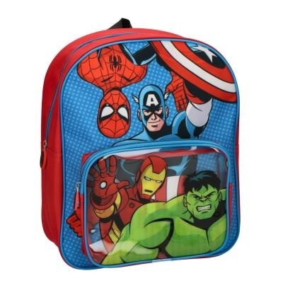 Mochila infantil azul e vermelha com desenhos dos super-heróis da Marvel