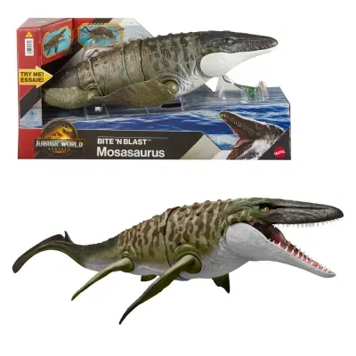 Brinquedo Mosasaurus Jurassic World em caixa vermelha com texto e imagem do dinossauro