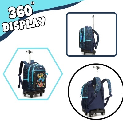 Mochila de rodas azul escura com padrões e detalhes azul turquesa